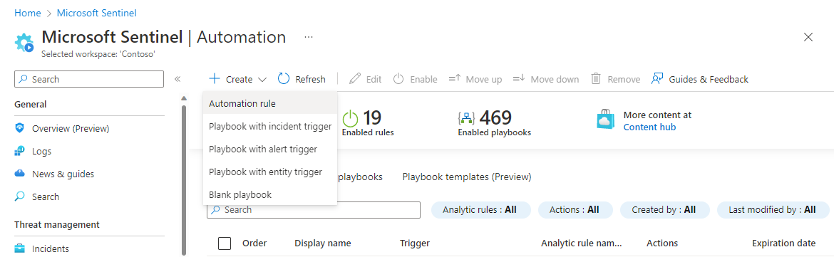 Capture d’écran de la création d’une règle d’automatisation à partir de la page Automation.