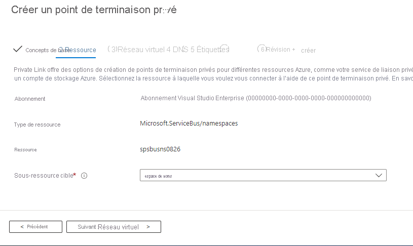 Capture d’écran montrant la page Ressource dans l’Assistant Créer un point de terminaison privé.