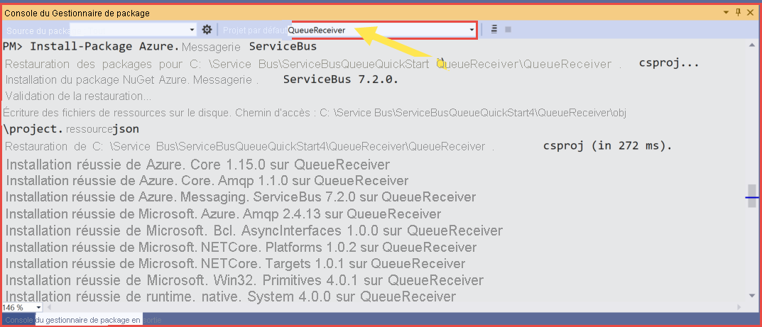 Capture d’écran montrant le projet QueueReceiver sélectionné dans la Console du Gestionnaire de package.