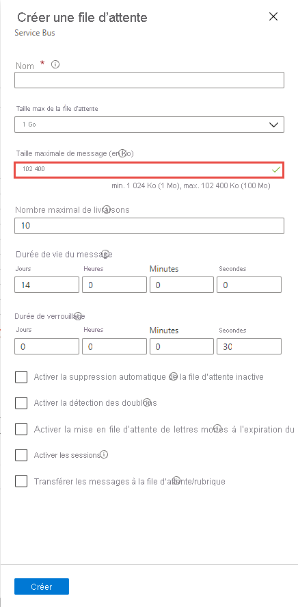 Capture d’écran montrant comment activer la prise en charge des messages volumineux pour une file d’attente existante.