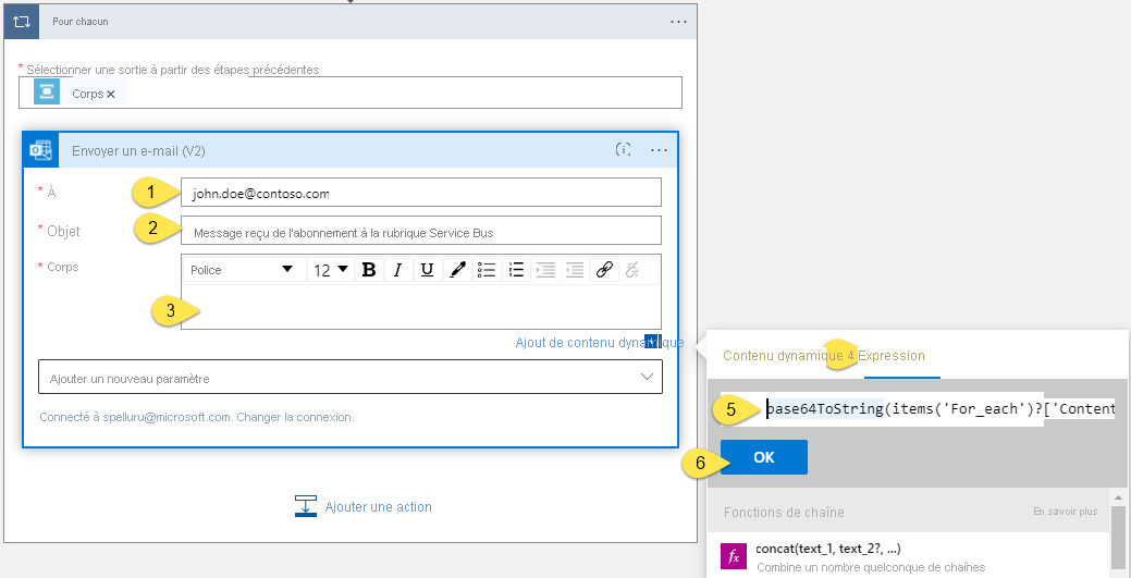 Capture d’écran montrant l’expression du corps de l’activité Envoyer un e-mail.