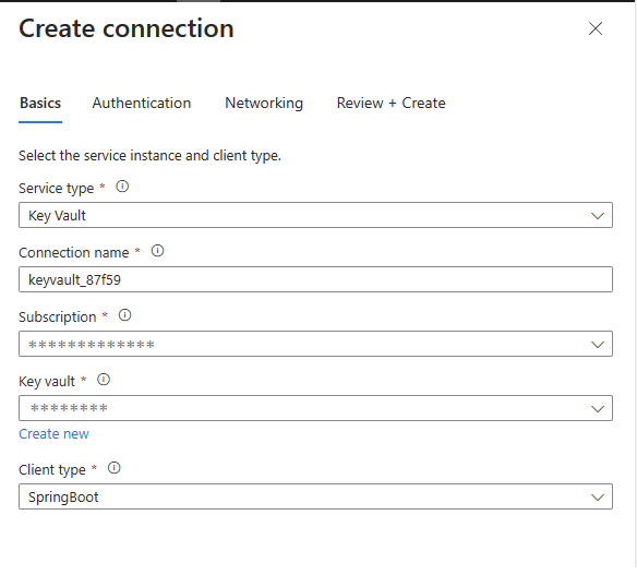 Capture d’écran du portail Azure, remplir les informations de base pour créer une connexion.