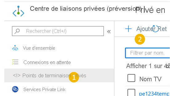 Montre la création d’un point de terminaison privé dans le Centre de liaisons privées