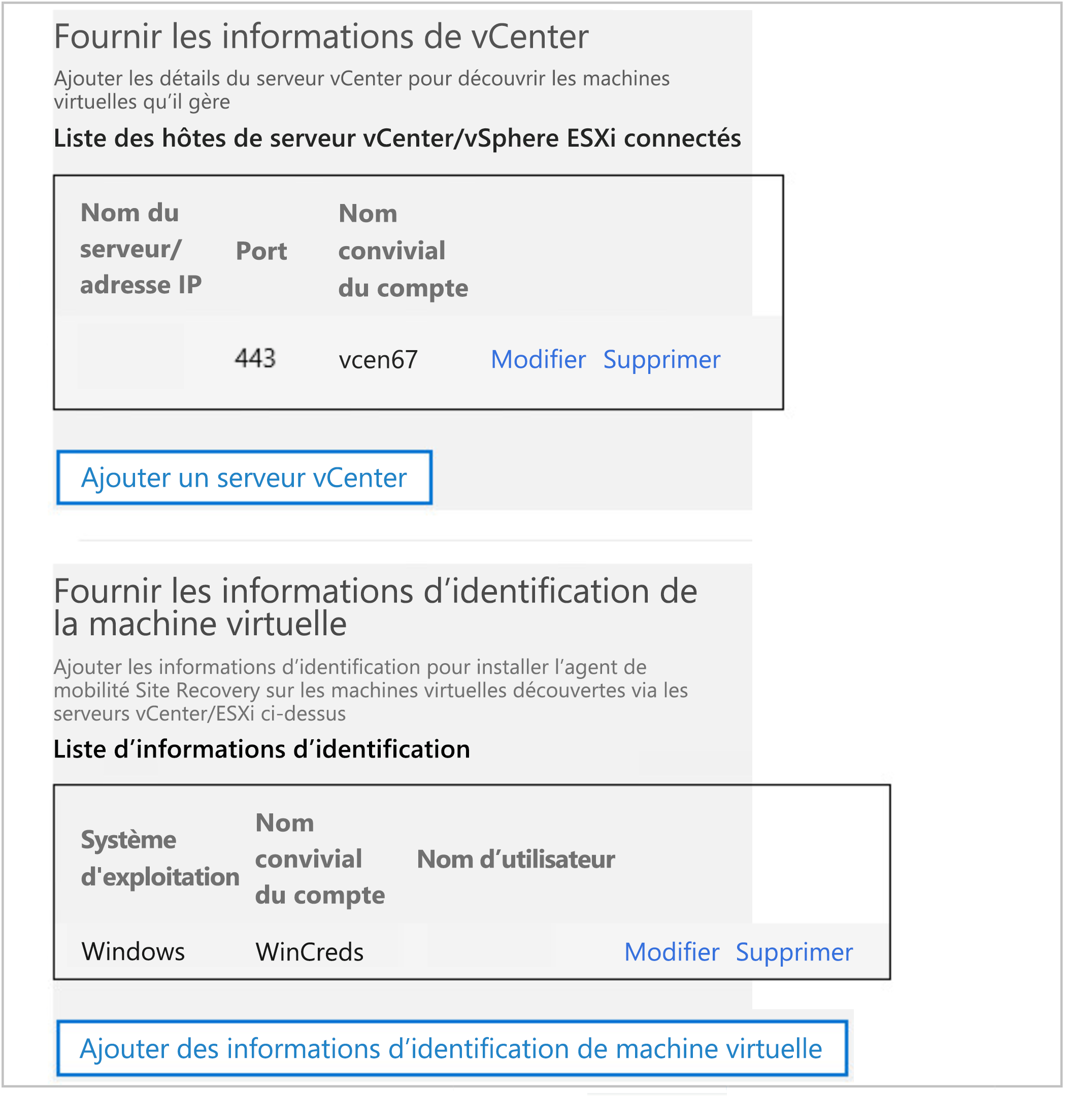 Capture d’écran montrant la configuration de vCenter.