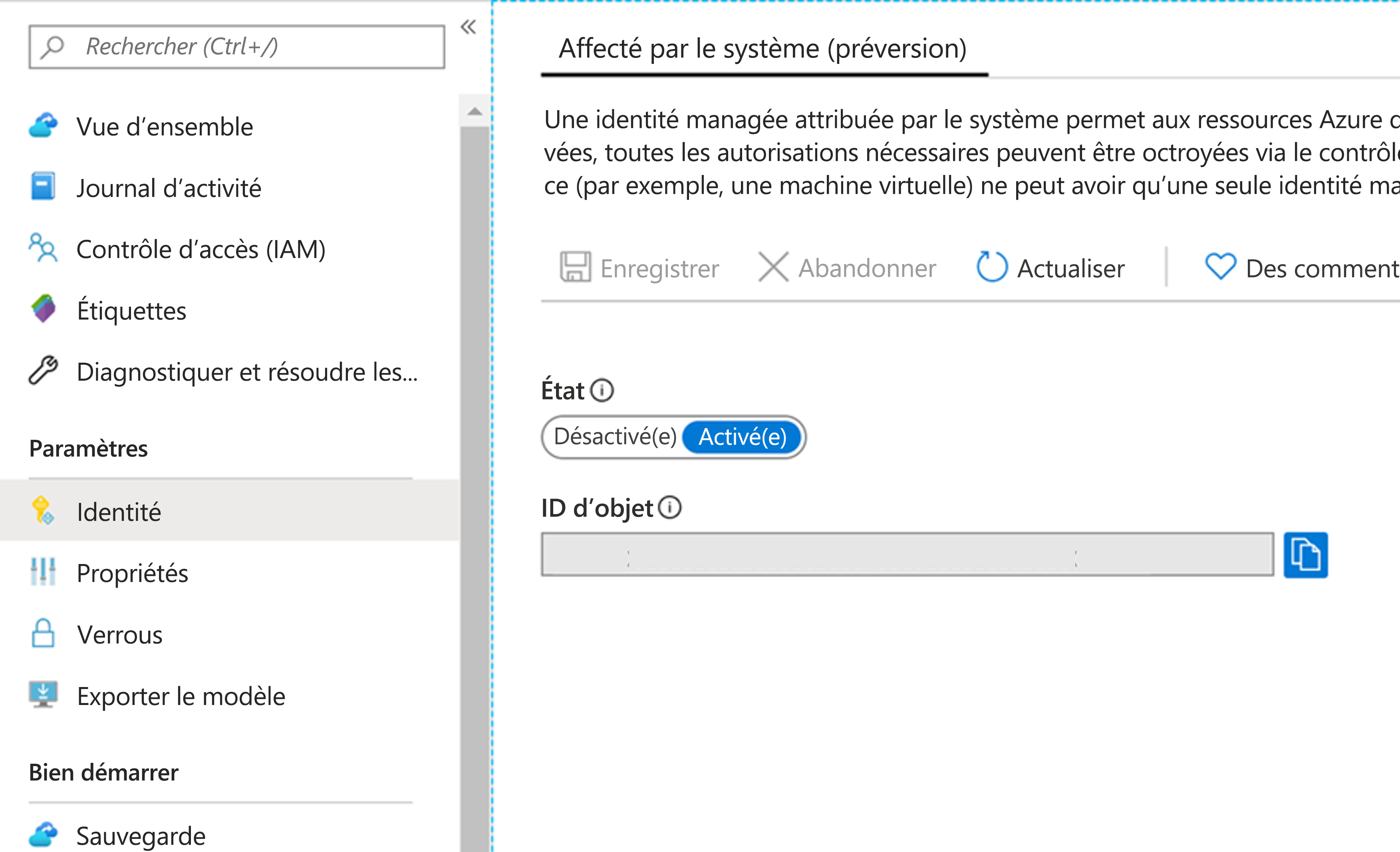 Capture d’écran représentant la page des paramètres d’identité.