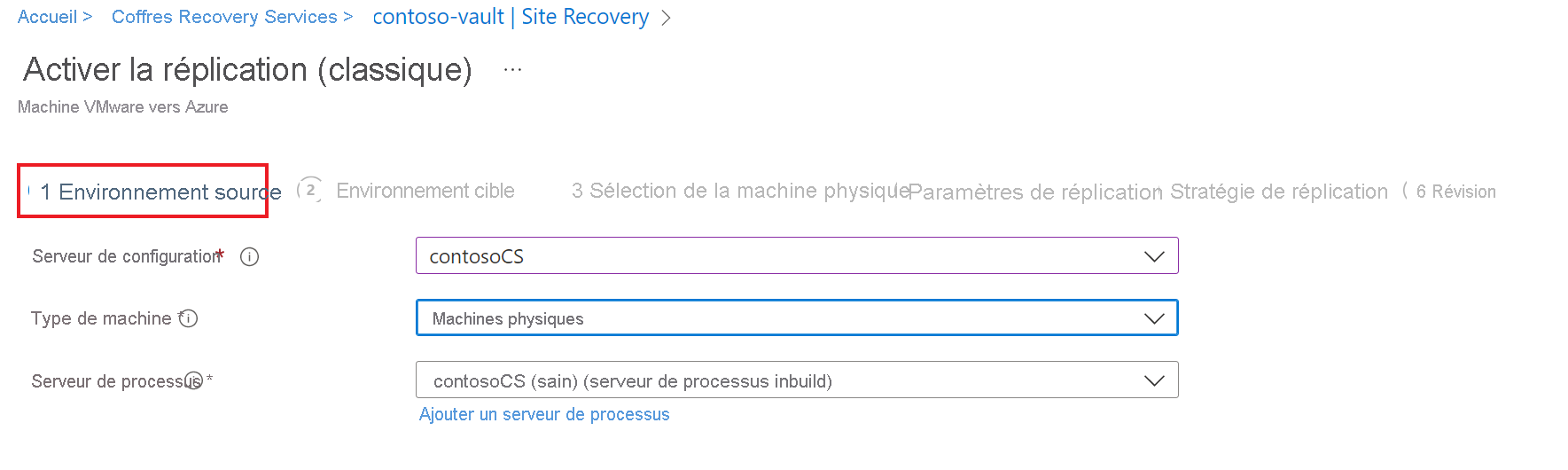 Capture d’écran de la page d’activation des paramètres de réplication source.