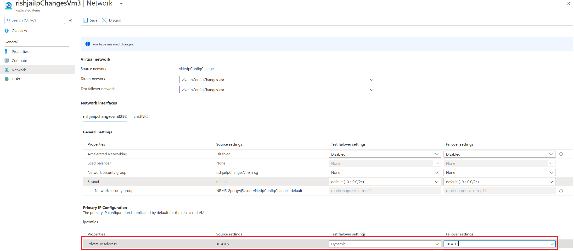 Capture d’écran illustrant la définition de l’adresse IP cible dans le volet Réseau de Site Recovery