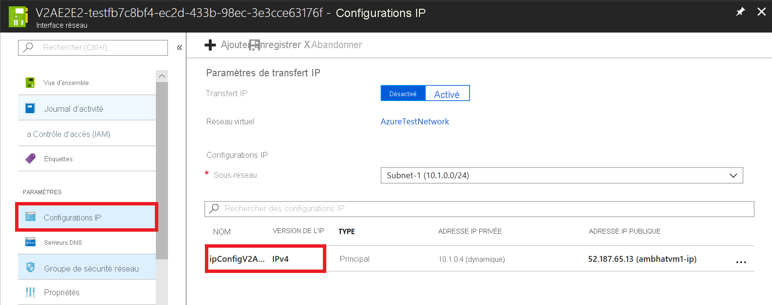 Capture d'écran représentant la page Configurations d'adresses IP de l'interface réseau, sur laquelle le nom de la configuration d'adresses IP est sélectionné.