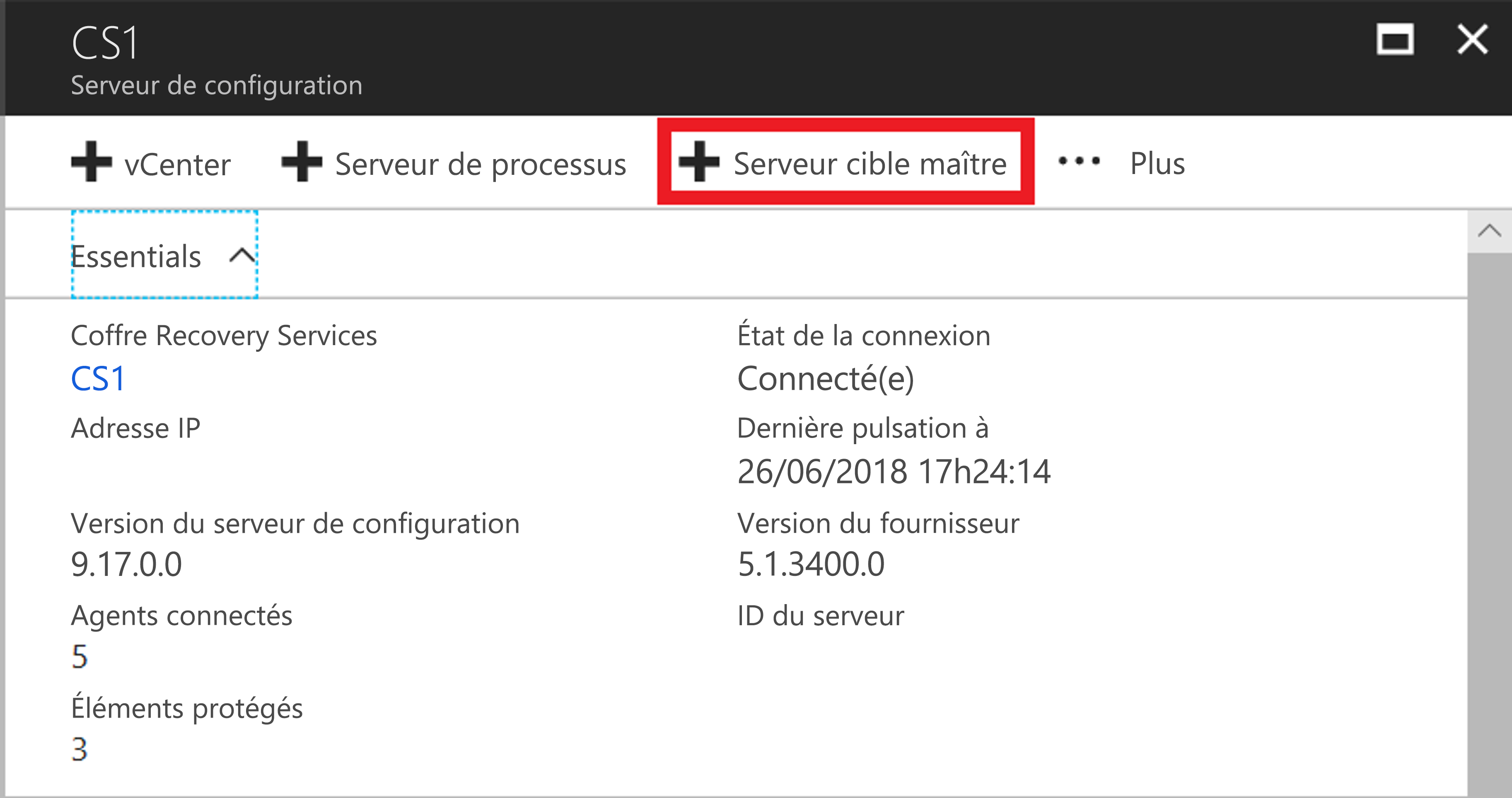 Capture d’écran montrant le bouton Ajouter un serveur cible maître