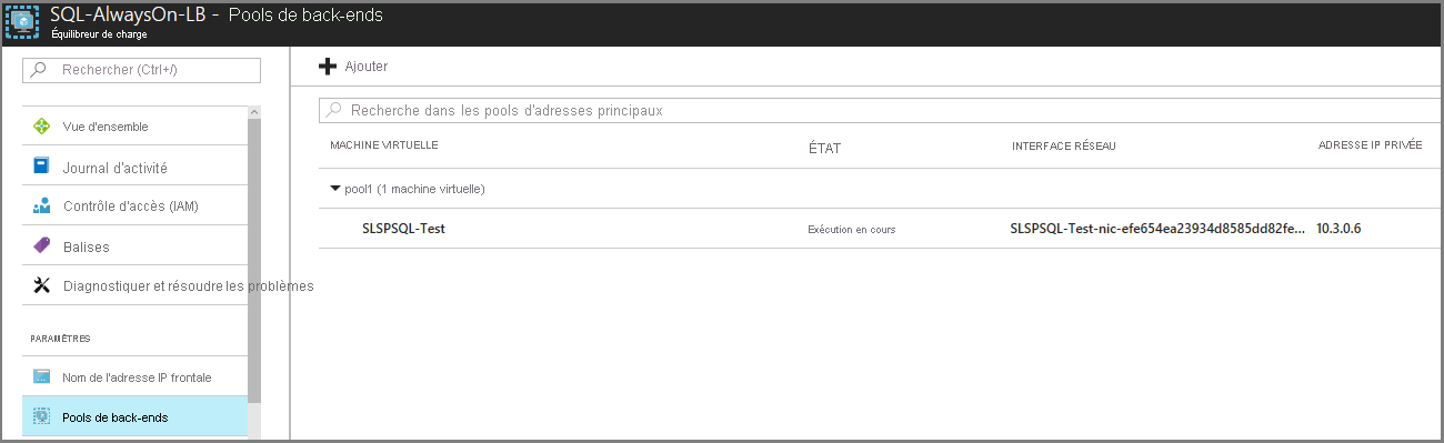 Capture d’écran de la fenêtre intitulée « SQL-AlwaysOn-LB – Backend IP Pool »