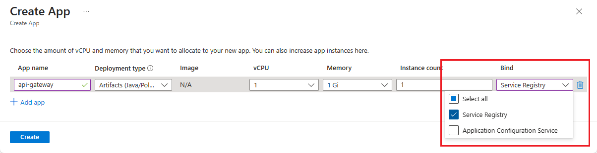 Capture d’écran du Portail Azure montrant la page Créer une application avec mise en évidence de la liste déroulante Liaison.