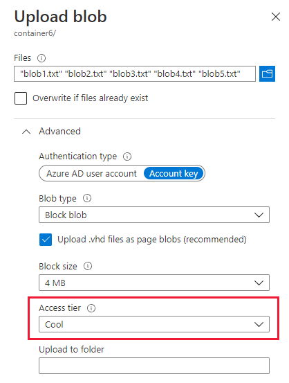 Capture d’écran montrant comment charger des blobs sur un niveau en ligne dans le portail Azure.