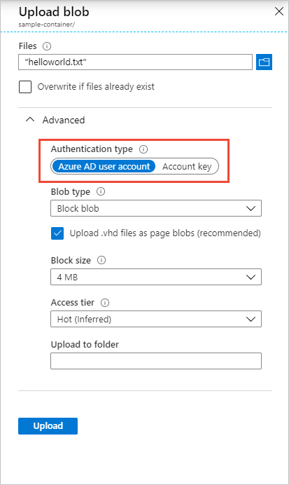 Capture d'écran montrant comment modifier la méthode d'autorisation au moment du chargement d'un objet blob