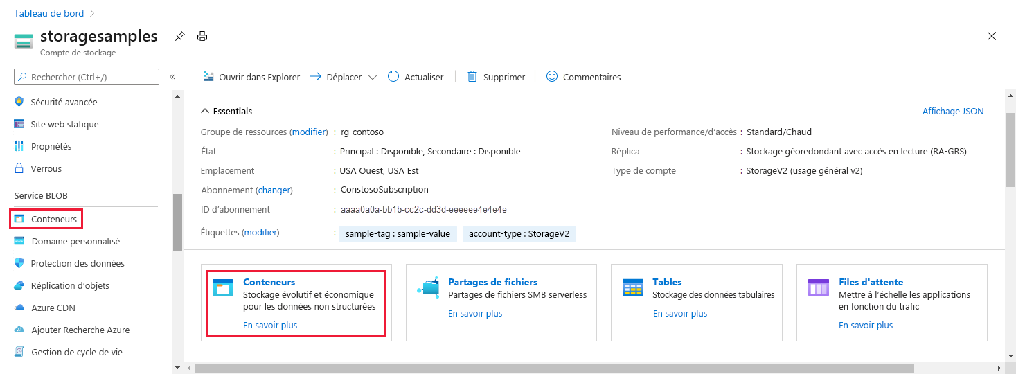 Capture d’écran montrant comment accéder aux données d’objet blob dans le portail Azure