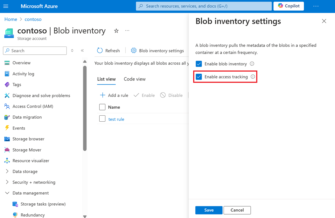 Capture d’écran montrant comment activer le suivi de l’heure du dernier accès dans les paramètres d’inventaire d’objets blob en utilisant le portail Azure.