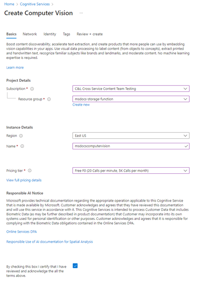 Capture d’écran montrant comment créer une nouvelle instance du service Vision par ordinateur.