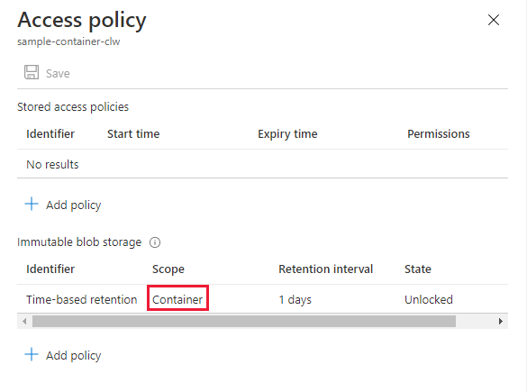 Capture d’écran montrant la stratégie de rétention au niveau du conteneur configurée pour le conteneur