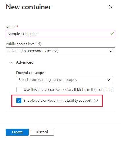 Capture d’écran montrant comment créer un conteneur avec l’immuabilité activée au niveau de la version