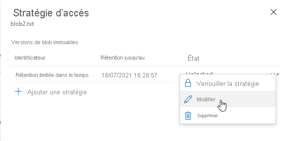 Capture d’écran montrant comment modifier une stratégie de rétention limitée dans le temps au niveau de la version existante dans le Portail Azure