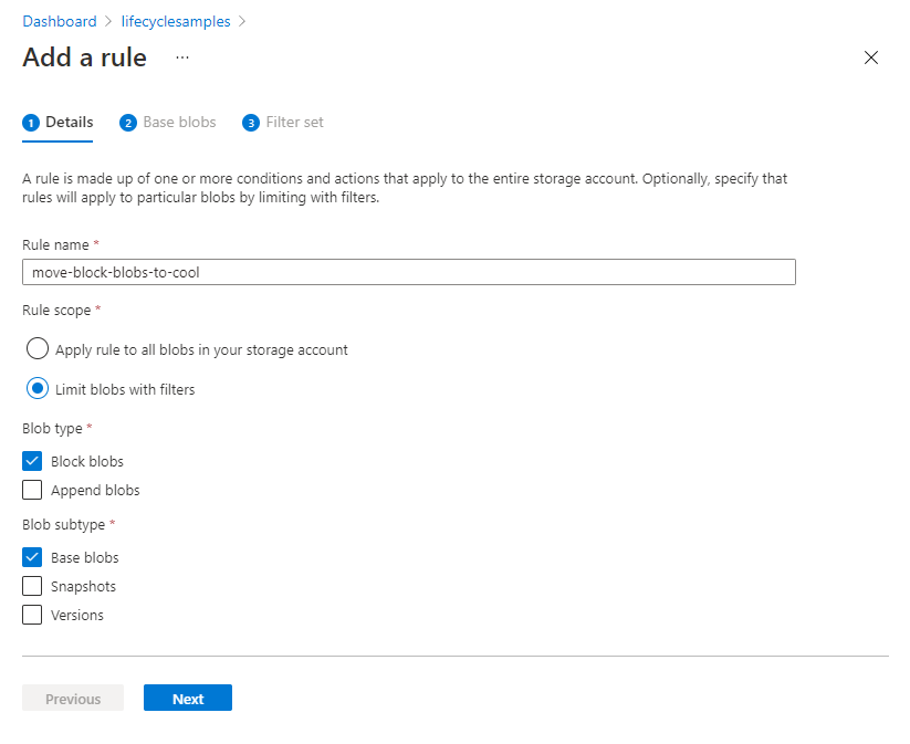 Gestion du cycle de vie - Ajouter une page Détails de la règle dans le Portail Azure