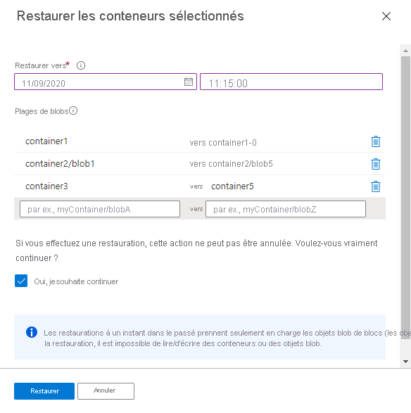 Capture d’écran montrant comment restaurer des plages d’objets blob dans un ou plusieurs conteneurs