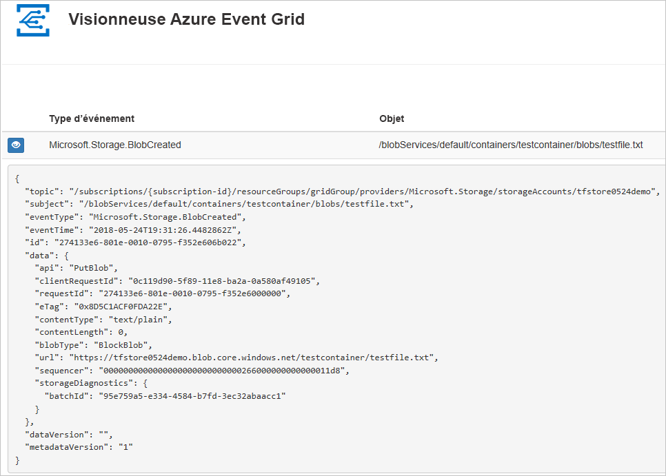 Capture d’écran de la visionneuse Azure Event Grid qui affiche les données d’événement envoyées à l’application web.