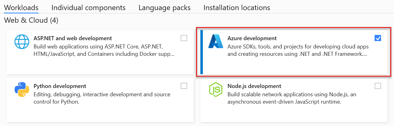 Capture d’écran de la charge de travail de développement Visual Studio Azure (sous Web & Cloud).