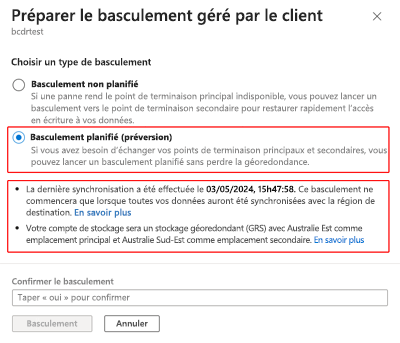 Capture d’écran montrant l’option de basculement planifié sélectionnée dans la fenêtre Préparer un basculement.