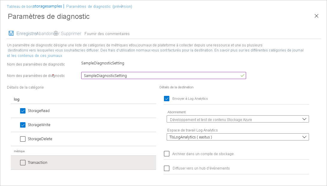 Capture d’écran montrant comment créer un paramètre de diagnostic pour la journalisation des demandes