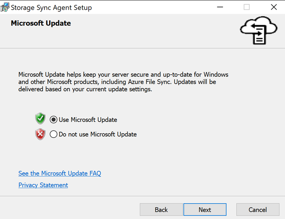 Capture d’écran de l’Assistant Installation de l’agent File Sync avec Windows Update.