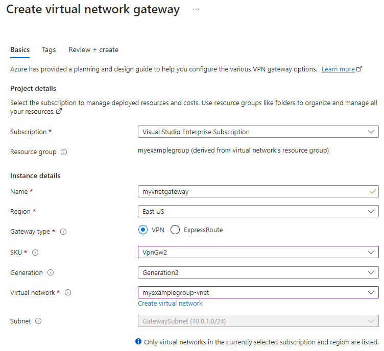 Capture d’écran montrant comment créer une passerelle de réseau virtuel à l’aide du Portail Azure.