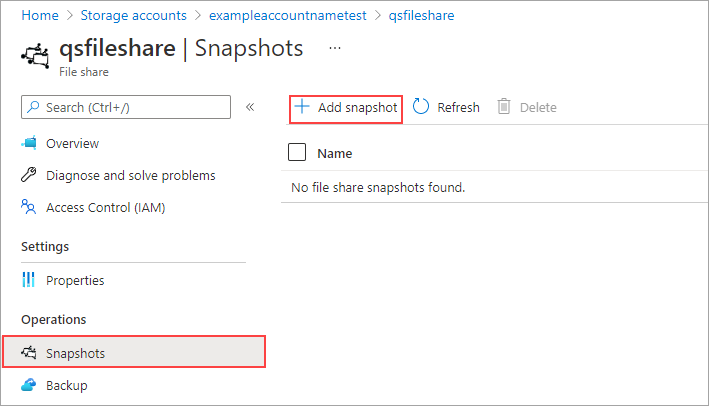 Capture d’écran de l’onglet des instantanés du compte de stockage.