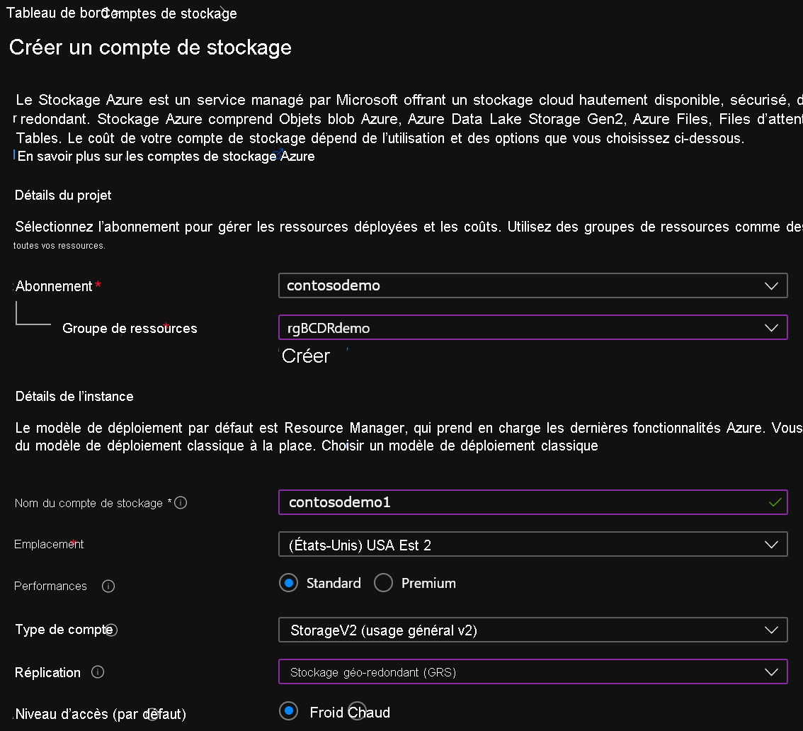 Montre les paramètres de compte de stockage dans le portail.