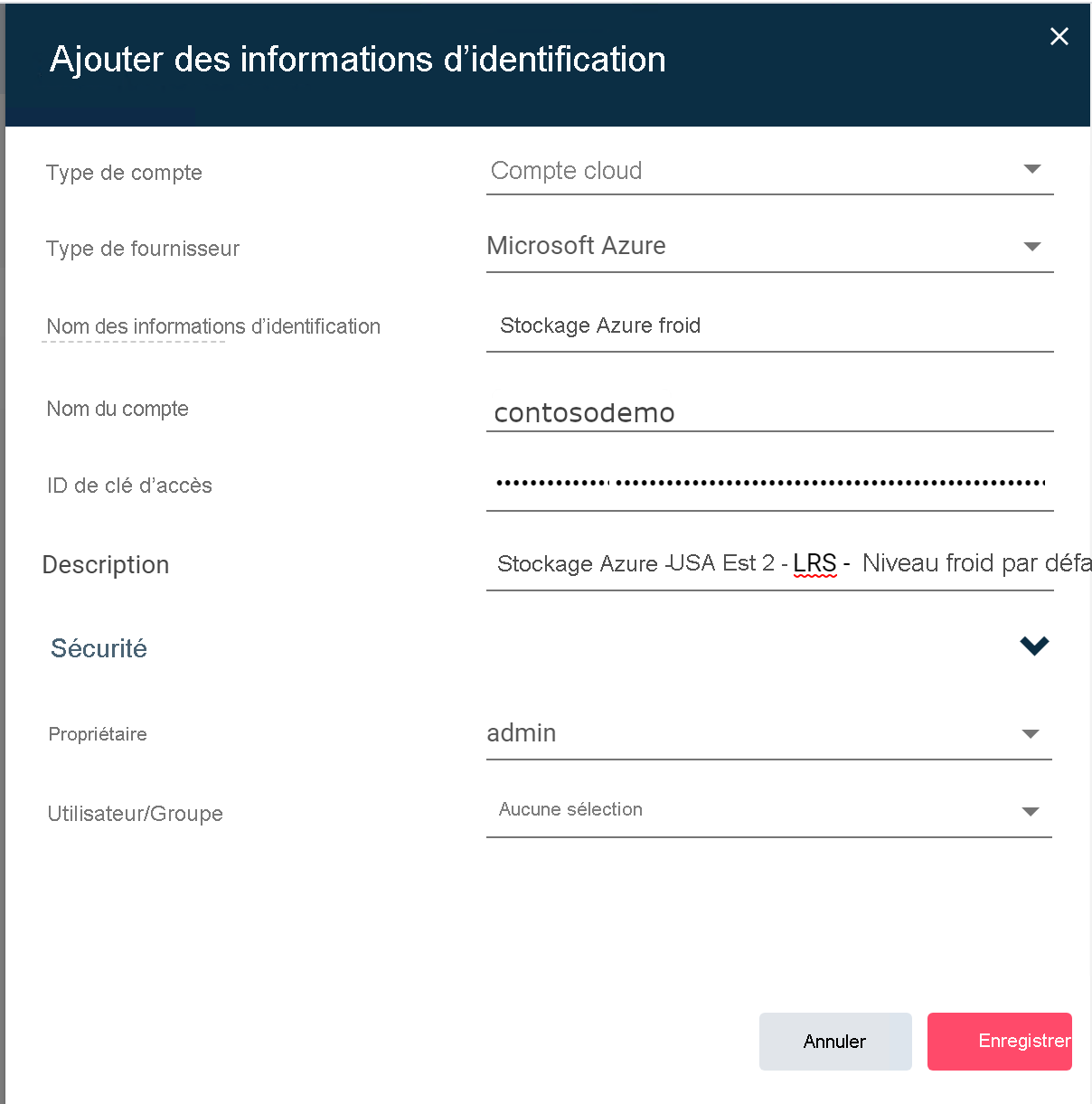 Montre l’ajout d’informations d’identification dans le centre de commandes CommVault.