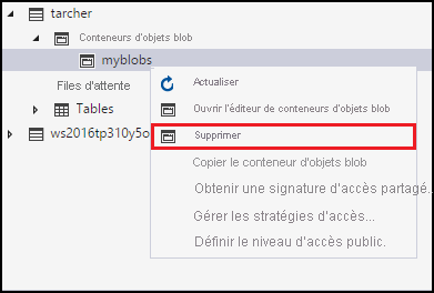 Delete blob container context menu