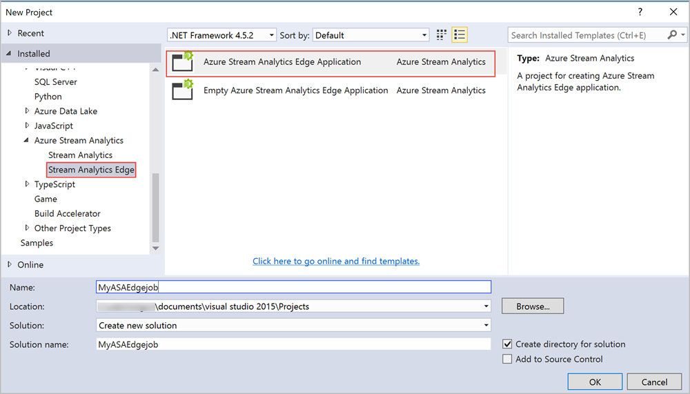 Nouveau projet Stream Analytics Edge dans Visual Studio