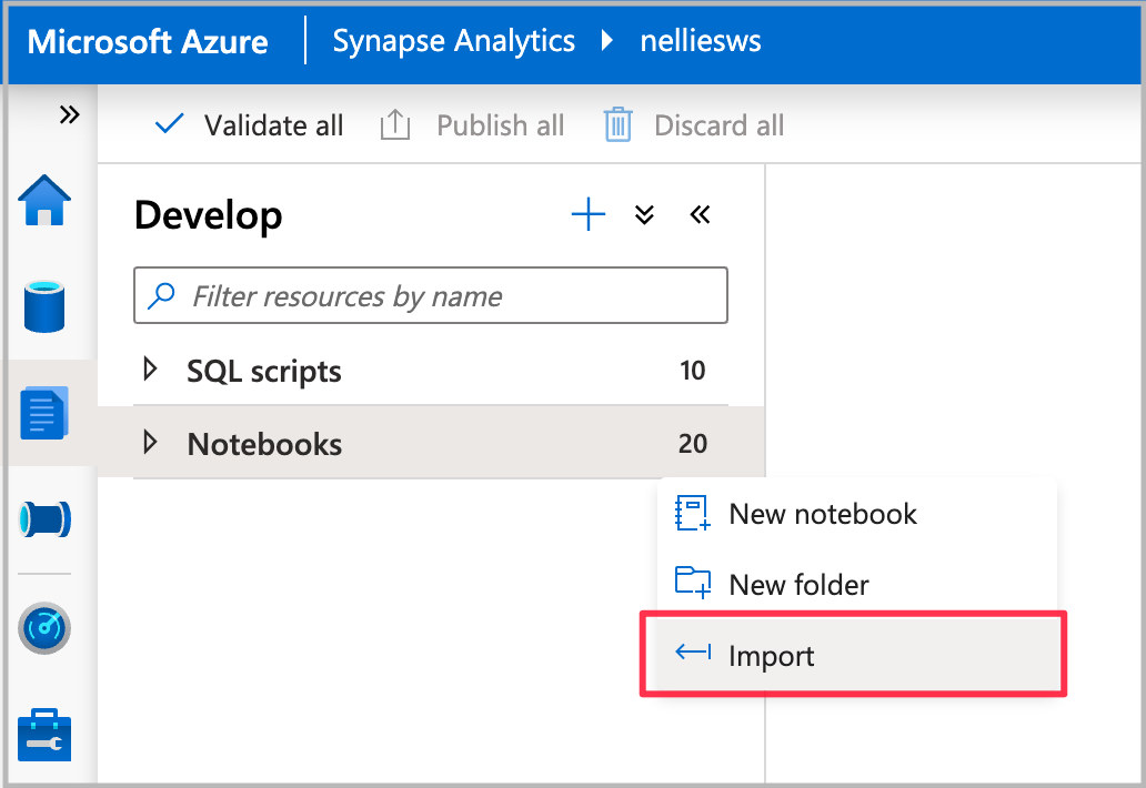 Capture d’écran d’Azure Synapse Analytics, avec l’option Importer mise en évidence.