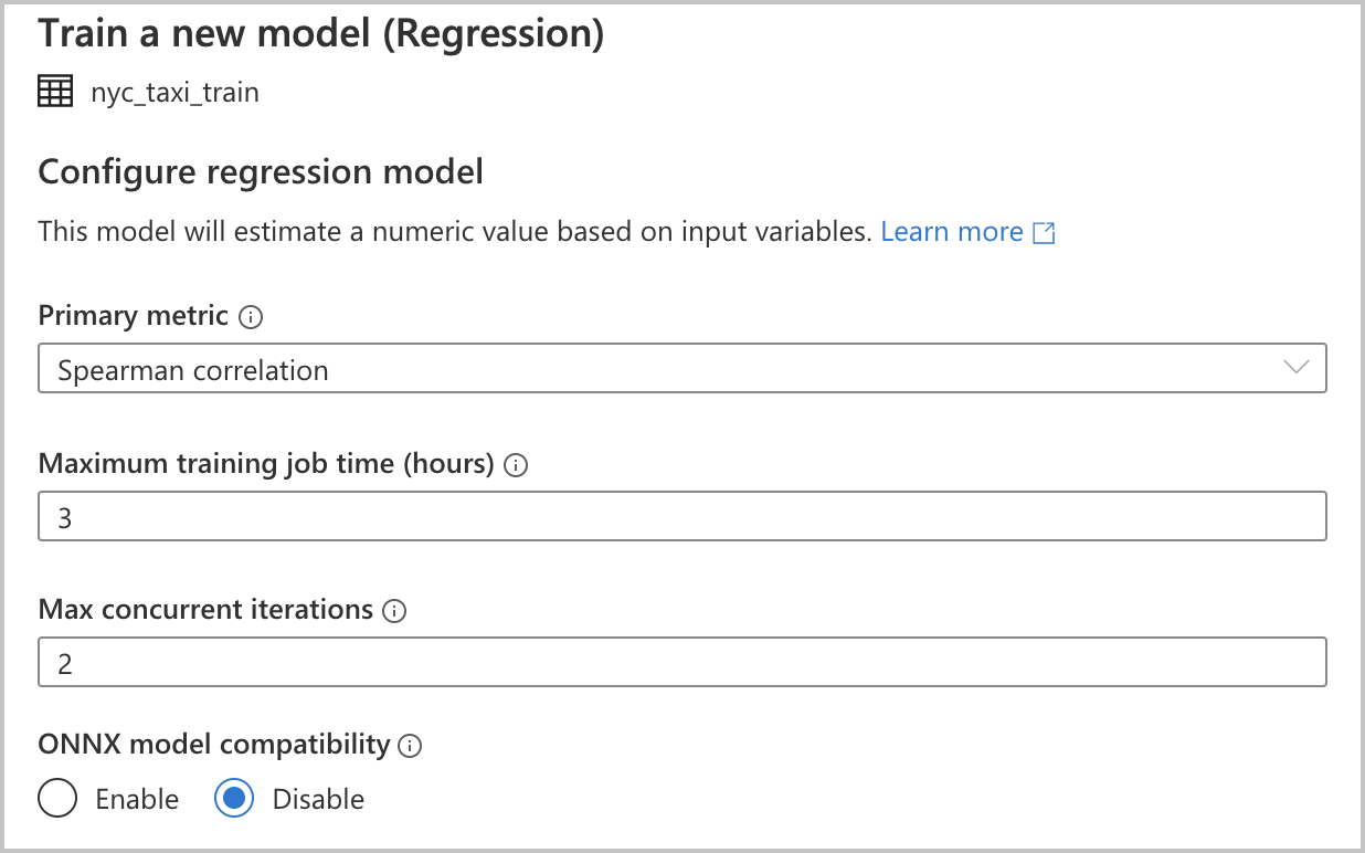 Capture d’écran des configurations supplémentaires pour un modèle de régression