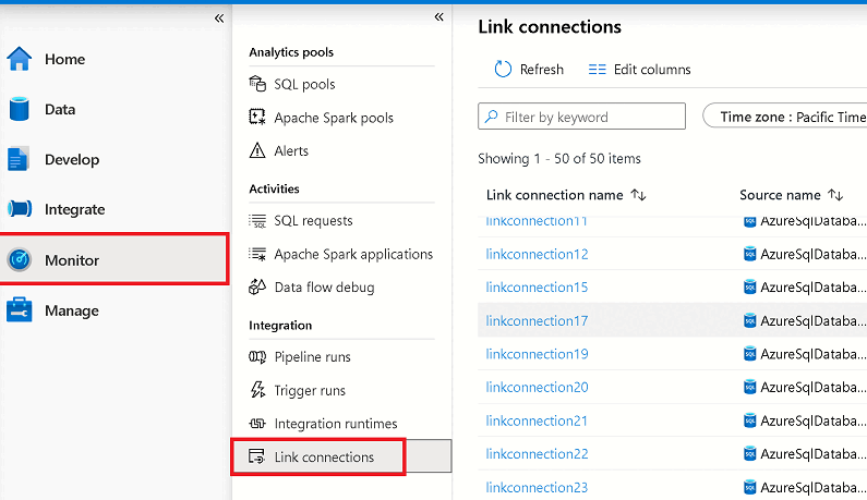 Capture d’écran qui montre comment surveiller l’état de la connexion Azure Synapse Link à partir du hub de surveillance.