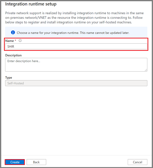 Capture d’écran montrant où entrer le nom du runtime d’intégration auto-hébergé.