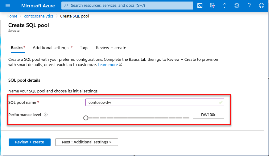 Flux de création d’un pool SQL dédié - Onglet Informations de base.