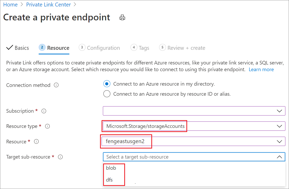 Capture d’écran montrant le stockage dans l’onglet Ressource de la page Créer un point de terminaison privé.