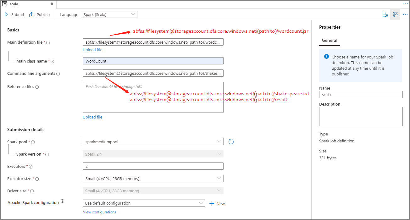 Définir les valeurs de la définition de travail Spark pour Scala