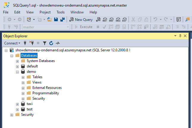 Capture d’écran montrant la fenêtre Explorateur d'objets pour le pool SQL serverless.