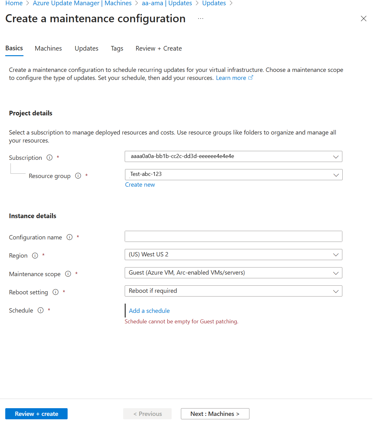 Capture d'écran montrant la création d’une configuration de maintenance.