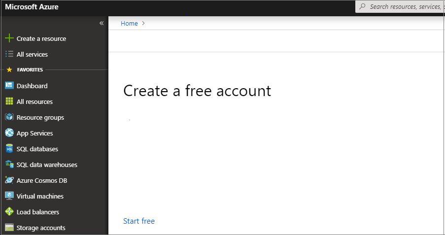 Image montrant le portail Azure affichant le message « Créer un compte gratuit ». 