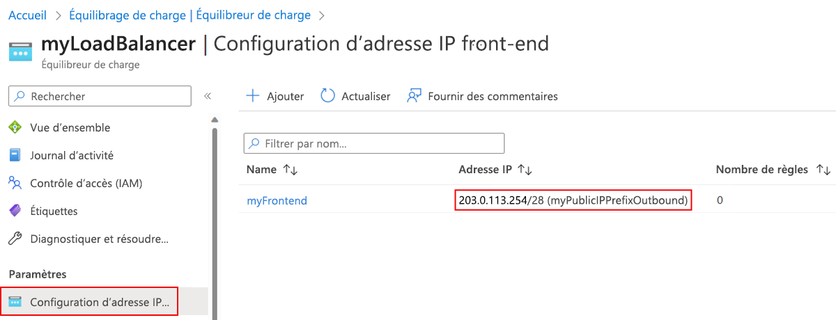 Capture d’écran de la page de configuration de l’adresse IP frontale de l’équilibreur de charge montrant le nouveau préfixe d’adresse IP publique.