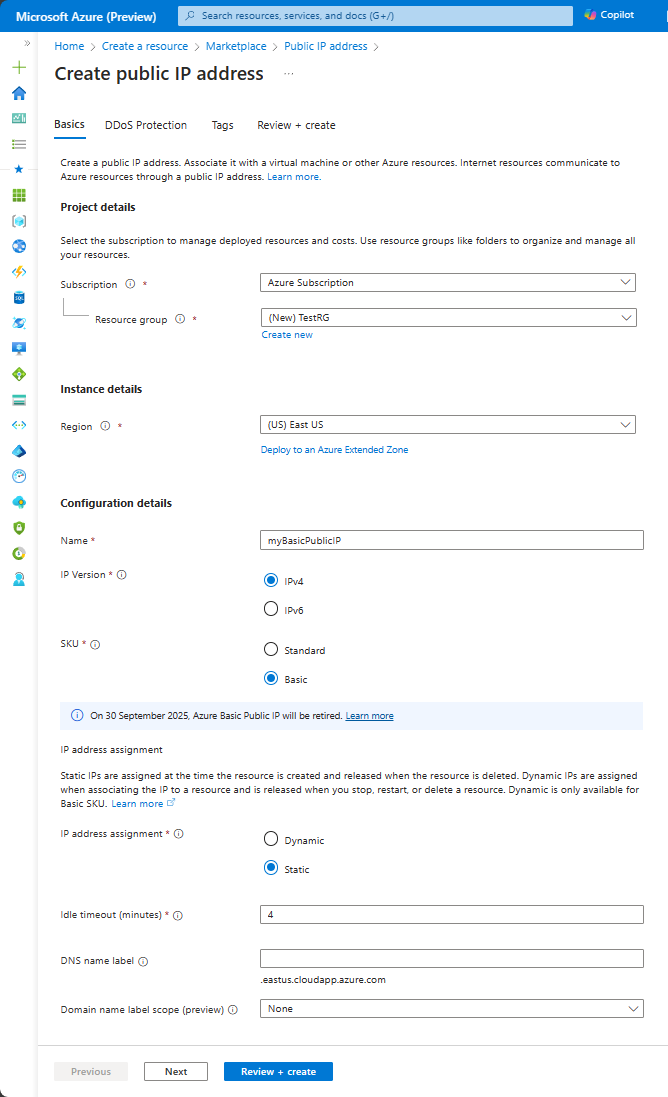 Capture d’écran montrant les paramètres de l’onglet Informations de base de la page Créer une adresse IP publique pour une référence SKU de base.