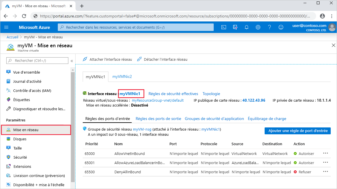 Capture d'écran montrant les paramètres de l'interface réseau virtuelle dans le Portail Microsoft Azure.