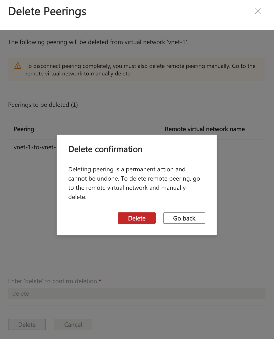 Capture d’écran de la confirmation de la suppression du peering.